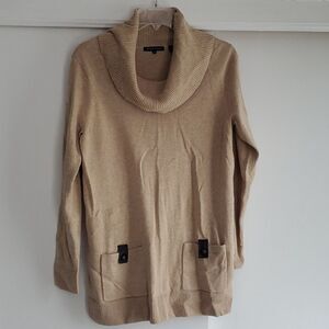 Woman sweater cowl top Jeanne Pierre faux leather, button embellished pockets M